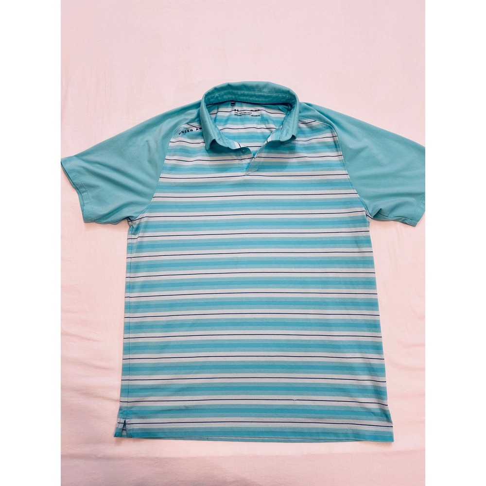 Under Armour Mens HeatGear Polo Shirt Medium Blue Teal Striped‎ Loose Fit Golf